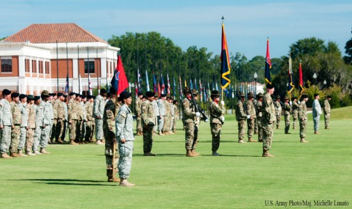 Soldiers of the 98th Training Divsion (Initial Entry Training) stand in formation during an assumption of command ceremony on September 11 at the National Infantry Museum Parade Field on Fort Benning, Georgia. Brig. Gen. Miles Davis assumed command of the Army Reserve division that is headquarterd at Fort Benning.